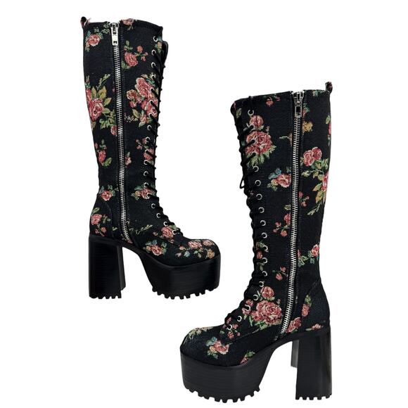 Current Mood Dolls Kill Platform Boots Tapestry Floral SZ 7 Womens Dark Romantic - Picture 6 of 12